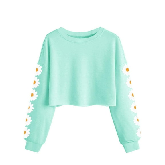 Xyxonk Girls Long Sleeve Shirts Plain Shirts Size 10-12 Fall Cute Shirt Trendy Kids Crewneck T-shirts Cute Daisy Prints Crop Tops Tween Girls Clothes Mint Green 150