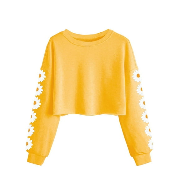 Xyxonk Girls Long Sleeve Shirts Size 10-12 Cute Daisy Prints Crop Tops Tween Girls Clothes Kids Crewneck Cute T-shirts Trendy Fall Outfits Yellow 160