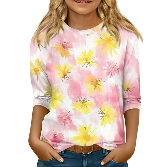 Xyxonk Girls Shirts Size 5-12 3/4 Sleeve Lightweight T Shirts Round Neck Winter Tops Cute Floral Print Blouses Casual Clothes