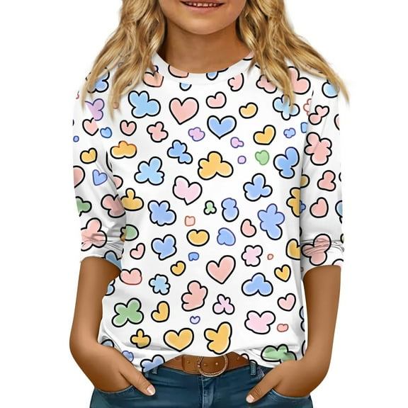 Xyxonk Girls Shirts Size 5-12 3/4 Sleeve Trendy Shirt Crew Neck Winter Tops Cute Love Print Blouses Casual Outfits