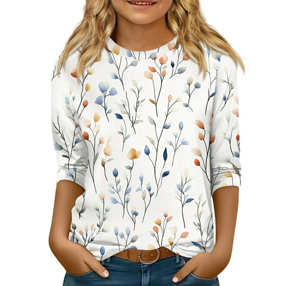 Xyxonk Girls Shirts Size 5-12 3/4 Sleeve Trendy T Shirts Crew Neck Winter Tops Cute Floral Print Blouses Casual Clothes