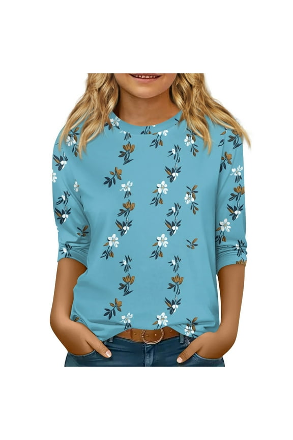 Girls Shirts Size 5-12 Fall 3/4 Sleeve Tops Round Neck Trendy Going Out T Shirts 2025 Floral Print Half Sleeve Outfits