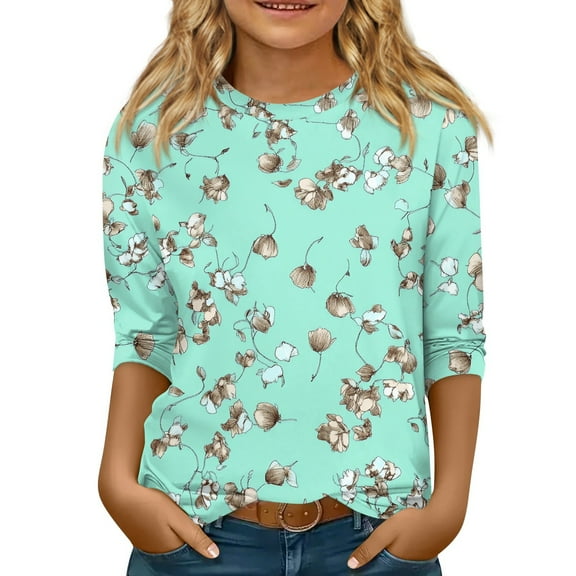 Xyxonk Girls Shirts Size 5-12 Winter 3/4 Sleeve Tops Round Neck Flowy Going Out Shirts 2025 Floral Print Half Sleeve Clothes