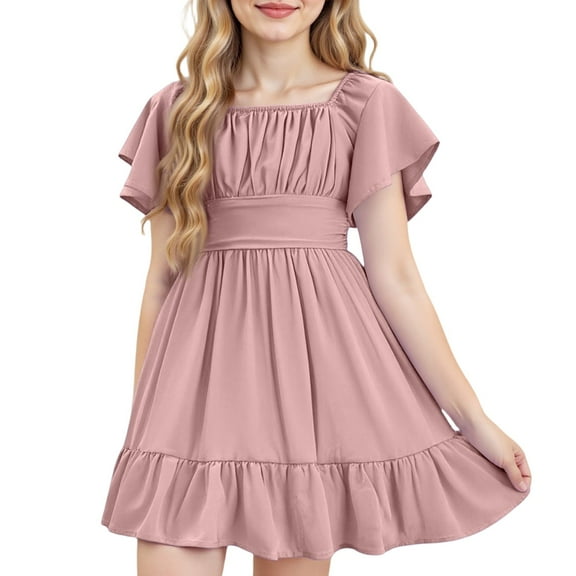 Xyxonk Girls Summer Dress Tween Kids Off Shoulder Backless Sundresses Flowy Tie Dresses Cute Square Neck Solid Color Clothes 4-15 Years Light pink