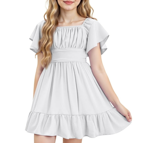 Xyxonk Girls Summer Short Sleeve Dress Tween Kids Off Shoulder Backless Sundresses Party Tie Dresses Ruffle Sleeve Square Neck Solid Color Clothing 4-15 Years White
