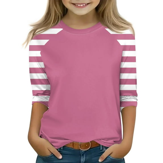 Xyxonk Girls Tops Size 10-12 3/4 Sleeve Shirt Size 10-12 Color Block Printed Tween Girls Clothes Kids Crew Neck Knit Cute T-Shirts Trendy Summer Outfits Size 10 Girls Clothes Pink 150