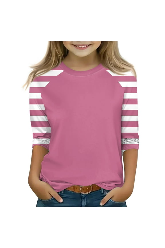 Girls Tops Size 10-12 3/4 Sleeve Shirt Size 10-12 Color Block Printed Tween Girls Clothes Kids Crew Neck Knit Cute T-Shirts Trendy Summer Outfits Size 10 Girls Clothes Pink 150
