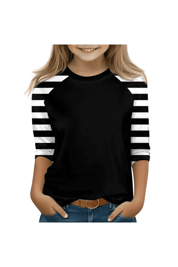 Girls Tops Size 10-12 3/4 Sleeve Shirt Summer Cute Color Block Printed Shirts Kids Crew Neck Knit Size 10-12 Tshirts Trendy Plain Tween Girls Clothes Size 10 Girls Clothes 10-12 Years,Black