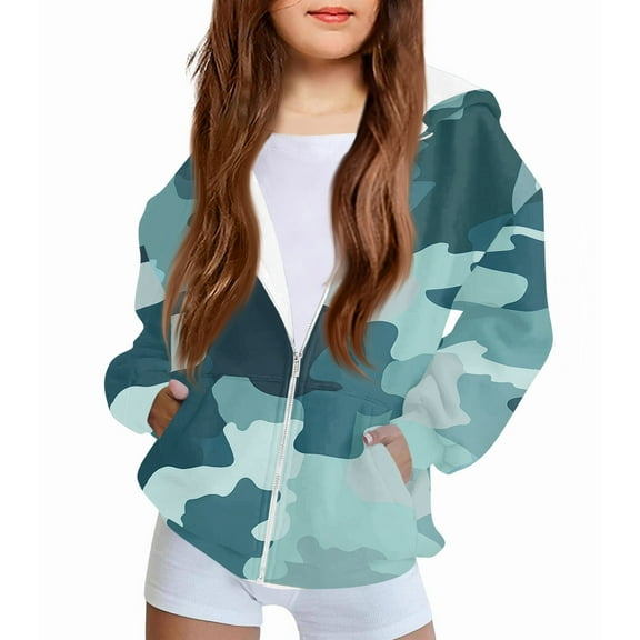 Xyxonk Girls Zip Up Camo Hoodie Toddler Maple Leaf Camouflage Sweatshirts Jacket Fashion Camo Pullover Tops Fall Long Sleeve Oversized Hoodie,Blue 150