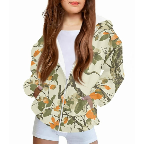 Xyxonk Girls Zip Up Camo Hoodie Toddler Maple Leaf Camouflage Jacket Trendy Camo Pullovers Winter Long Sleeve Oversized Hoodie,Orange 140
