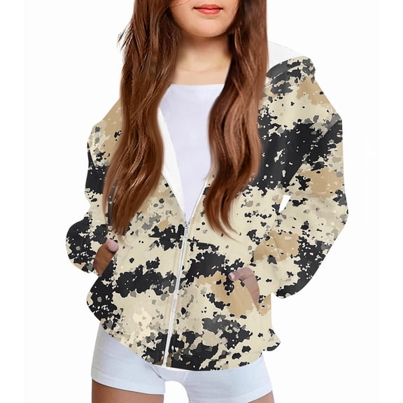 Xyxonk Girls Zip Up Camo Hoodie Toddler Maple Leaf Print Camouflage Jacket Fleece Camo Pullover Tops Winter Long Sleeve Oversized Hoodies,Brown 160