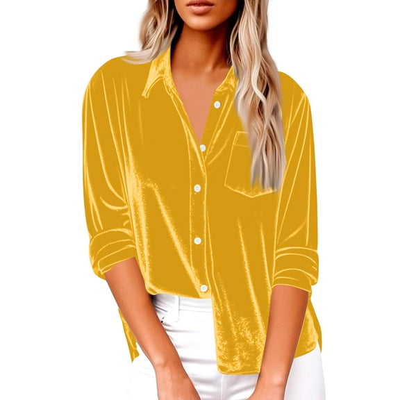 Xyxonk Golden Velvet Shirts for Women Long Sleeve Crew Neck Velour Top Plus Size Golden Velvet T Shirts Fashion Solid Color Comfy Blouses,Yellow XL