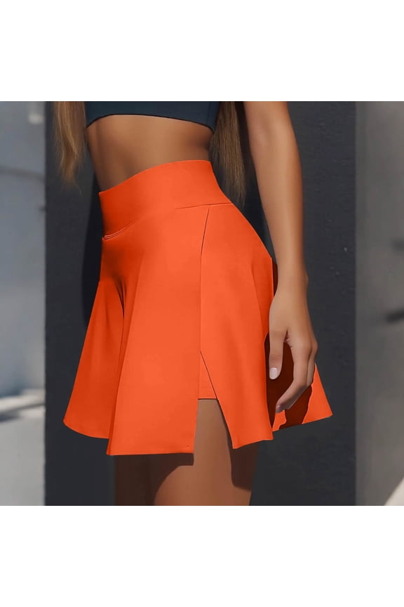 Golf Skirts for Women High Waist Tummy Control Mini Skort with Pockets Dressy Casual Sexy Athletic Skort Side Slit Solid Color Golf Athletic Skirt Orange XL