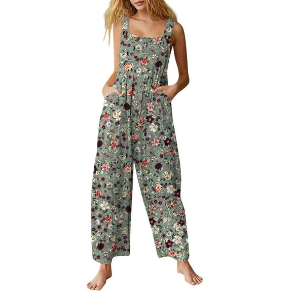 Xyxonk Gray Jumpsuits for Women Floral Printed Sleeveless Cotton Jumpsuit Oversized Fashion Romper with Pockets Stretchy Jumper Gray 2XL