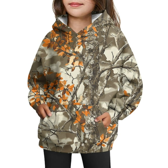 Xyxonk Hoodies for Girls Cute Camo 10-12 Years Long Sleeve Maple Leaf Graphic Cute Camouflage Sweatshirt with Pocket Fall Hunting Fleece Clothes,Light Gray 100