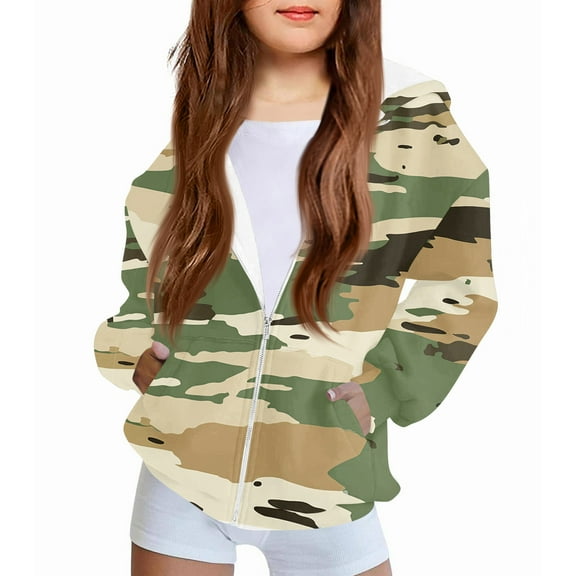 Xyxonk Hoodies for Girls Zip Up Cute Camo Size 10-12 Long Sleeve Maple Leaf Print Trendy Camouflage Sweatshirts Jacket with Pocket Winter Lightweight Fleece Coat,Light Green 130