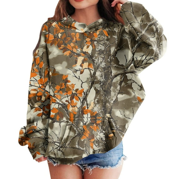 Xyxonk Hoodies for Kids Graphic Camo Leaf Print Long Sleeve Hoodie Kids Hooded Sweatshirt with Pocket Cute 10-12 Years Pullover Warm Clothes Ginger 140