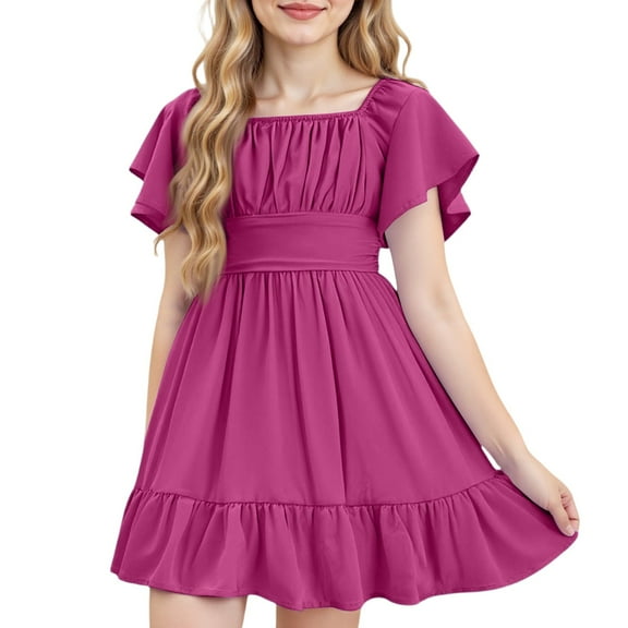 Xyxonk Hot Pink Dress for Girls Tie Back Summer Dress Cute Ruffle Sleeve Sundress Square Neck Off Shoulder Solid Color Clothes 4-15 Years Hot Pink