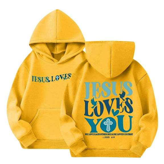 Xyxonk Jesus Loves You Hoodie for Kids Fall Winter Trendy Hoodies 2025 Preppy Letter Print Long Sleeve Pullover Tops with Pocket Cute Clothes 3-16 Years Yellow