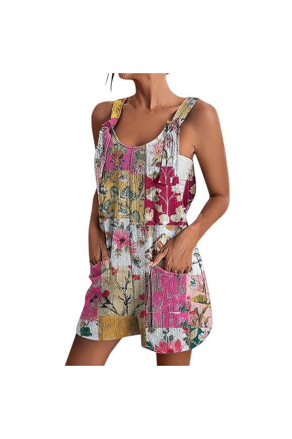 Jumpsuits for Women Casual Beach Vacation Adjustable Straps Jumpsuits with Pockets Summer Loose Fit Short Rompers Dressy Casual Sleeveless Floral Overalls Hot Pink M