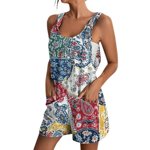 Xyxonk Jumpsuits for Women Dressy Casual Summer Short Rompers Sleeveless Adjustable Straps Overalls Shorts with Pockets Loose Fit Floral Comfy Jumpsuit Royal Blue XXL
