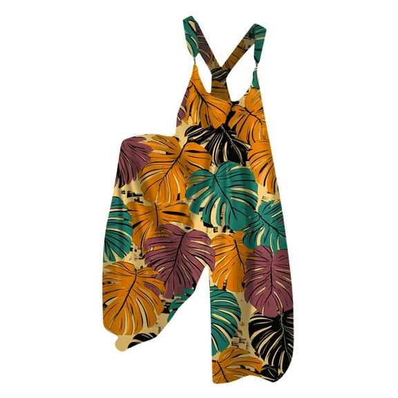 Xyxonk Jumpsuits for Women Bib Baggy Plus Size Pants Floral Print Wide Leg Spaghetti Strap Rompers Saffron 2XL