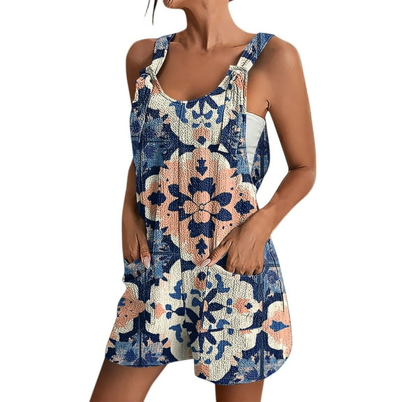 Xyxonk Jumpsuits for Women Comfy Adjustable Straps Jumpsuits with Pockets Summer Loose Fit Rompers Dressy Casual Sleeveless Floral Overalls Cyan S