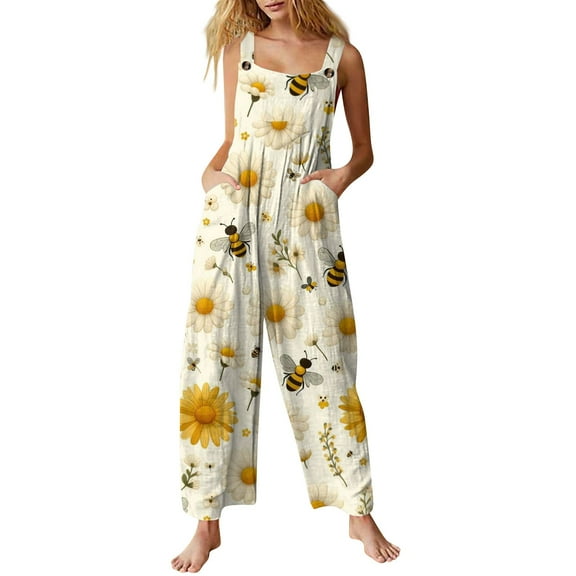 Xyxonk Jumpsuits for Women Oversized Floral Printed Jumpsuit Trendy Sleeveless Cotton Rompers Stretchy Jumpers with Pockets Yellow 2XL