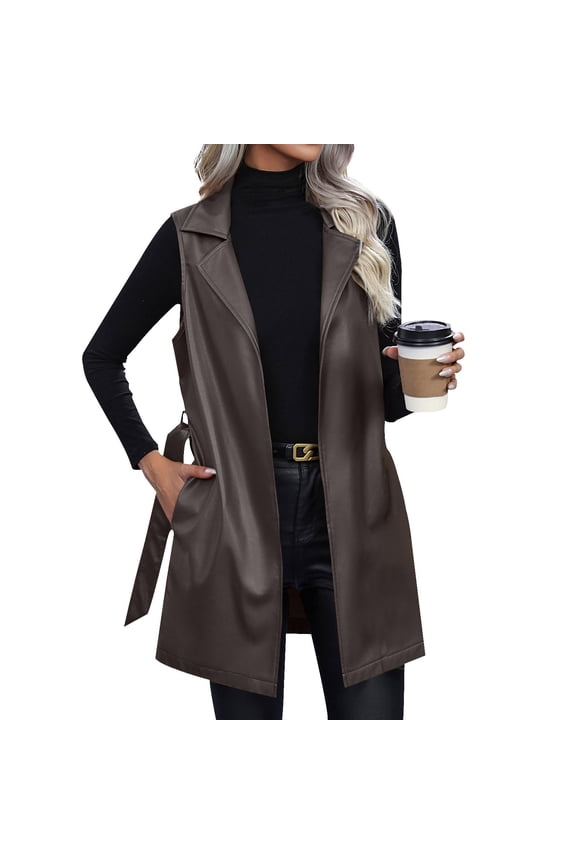 Leather Jacket Women Sleeveless Long Pu Vest Lapel Open Front Vests Slim Fitting PU Leather Cardigan with Belt Fall Plus Size Duster Coat,Brown S