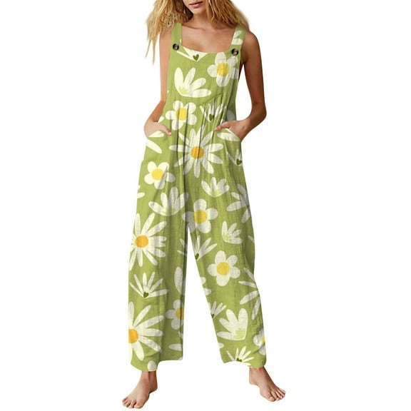 Xyxonk Light Green Jumpsuits for Women Plus Size Floral Printed Jumpsuit Casual Sleeveless Cotton Romper Stretchy Jumper with Pockets Light Green S