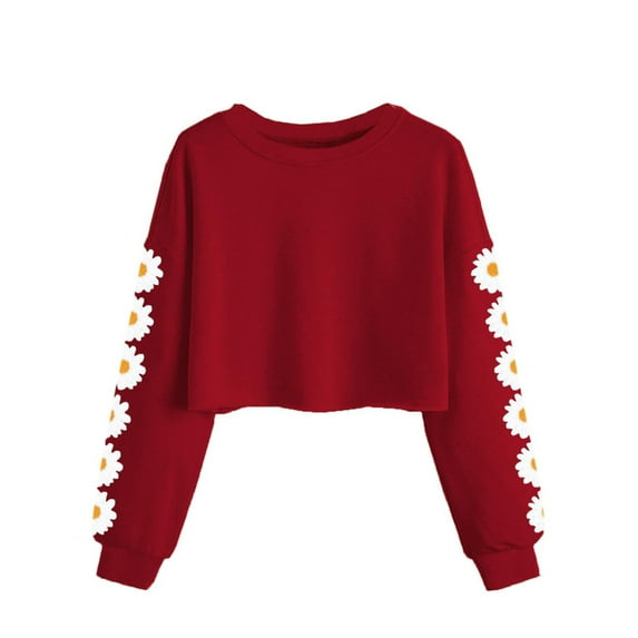 Xyxonk Long Sleeve Shirts for Girls Fall Cute Cute Daisy Prints Crop Tops Size 10-12 Crew Neck Tshirt Trendy Kids Tween Girls Clothes Red 120