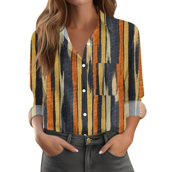 Xyxonk Long Sleeve Shirts for Women 2025 V-Neck Pleated Shirt Dressy Casual Button Down Blouses with Pockets Loose Fit Summer Fashion Floral Print Outfits Yellow M