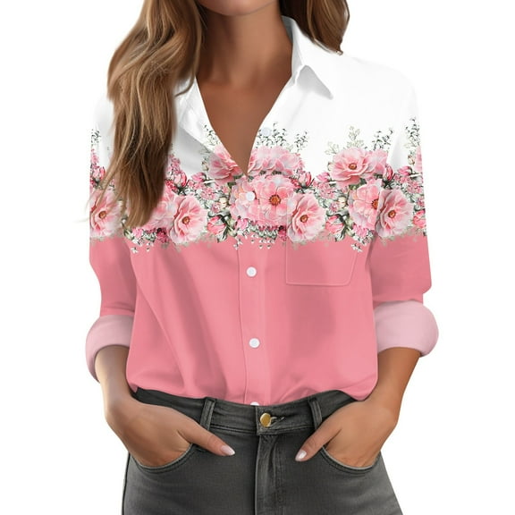 Xyxonk Long Sleeve Shirts for Women 2025 V Neck Pleated Shirts Dressy Casual Button Down Tees with Pockets Loose Fit Fall Fashion Floral Print Clothes Pink 2XL