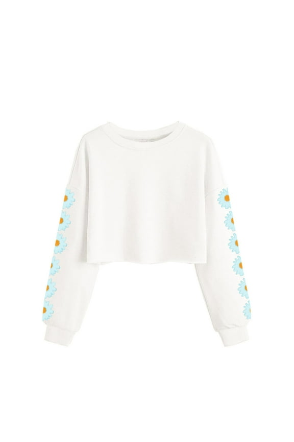 Long Sleeve Shirts for Girls Fall Trendy Cute Daisy Prints Crop Tops Size 10-12 Kids Crewneck Tshirt Cute Plain Tween Girls Clothes White 140