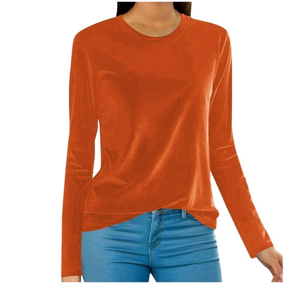 Xyxonk Long Sleeve Shirts for Women Crew Neck Velour Tops Oversized Velvet T Shirt Trendy Solid Color Vintage Pullover Saffron 3XL