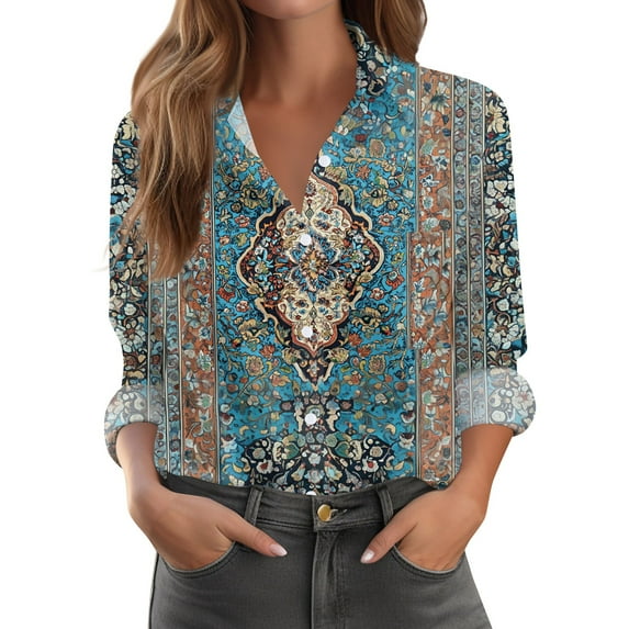 Xyxonk Long Sleeve Tops for Women 2025 V-Neck Pleated Shirts Dressy Casual Button Down Blouses with Pockets Loose Fit Summer Trendy Floral Print Clothes Blue S
