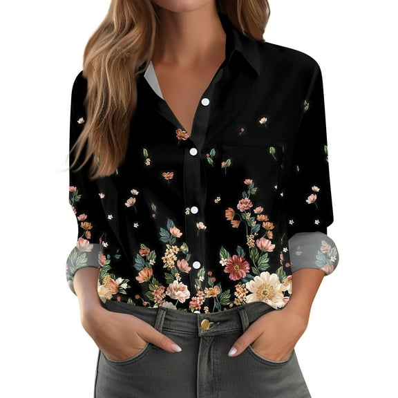 Xyxonk Long Sleeve Tops for Women 2025 V-Neck Pleated Shirts Dressy Casual Button Down Blouses with Pockets Loose Fit Summer Trendy Floral Print Clothing Multicolor XL