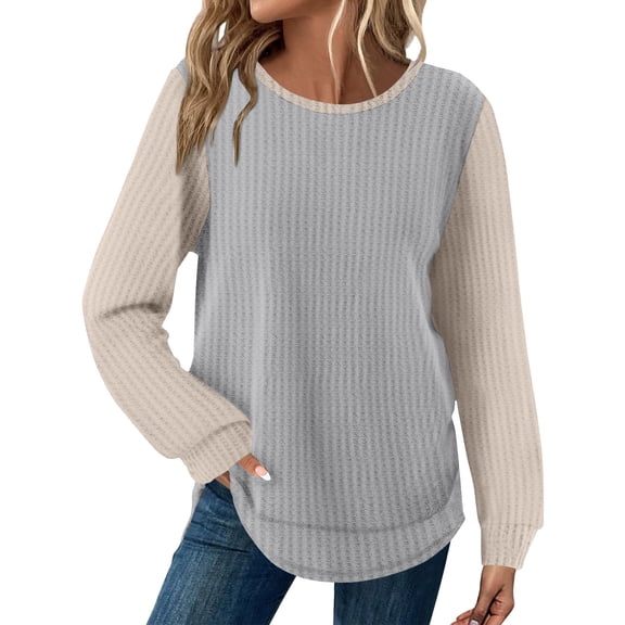 Xyxonk Long Sleeve Womens Tops Lightweight Sweatshirt Dressy Casual Soft Pullover 2025 Winter Basic Color Block Clothing Gray S-2XL