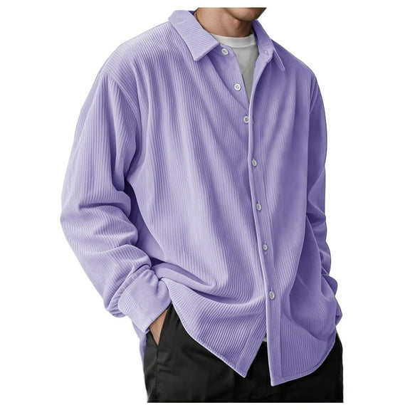 Xyxonk Men Shirt Stylish Button Down Collar T-Shirt Corduroy Fall Winter Collar Long Sleeve Henly Shirt Regular Fit Solid Color Tops Clothes Purple M