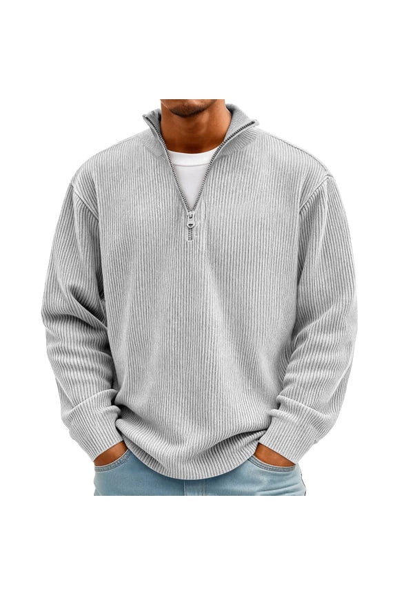 Men's Business Casual Zipper Sweater Long Sleeve Corduroy Tops Half-Zip Oversized Pullovers Fall Textured Trendy Sweater,White S-5XL