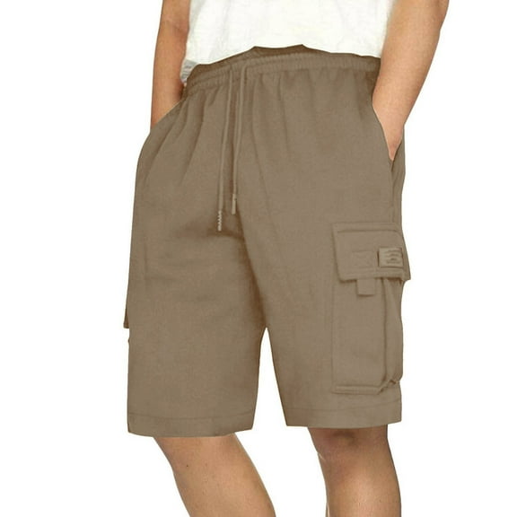 Xyxonk Men's Camo Cargo Shorts Relaxed Fit Solid Color Short Casual Outdoor Multi-Pocket Drawstring Below Knee Vintage Cargo Shorts Khaki M