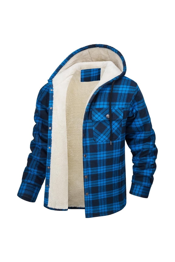 Men's Flannel Fleece Jacket Sherpa Lined Shirt Jacket Plaid Button Down Hoodie Fall Winter Soft Warm Coat with Hood,Royal Blue XL