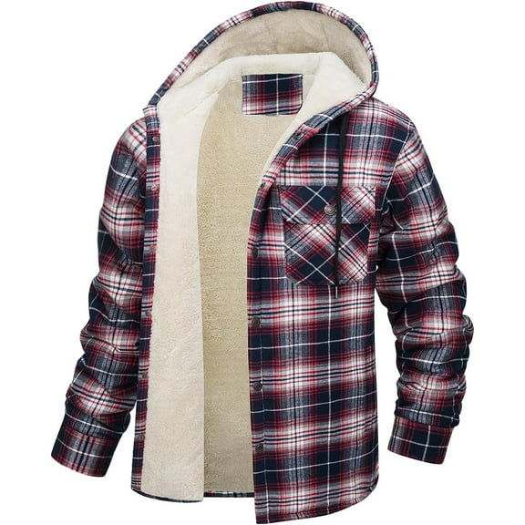 Xyxonk Men's Flannel Jacket Button Down Fleece Hoodies Casual Plaid Coat with Pokect Winter Warm Sherpa Lined Sweatshirt,Wine M