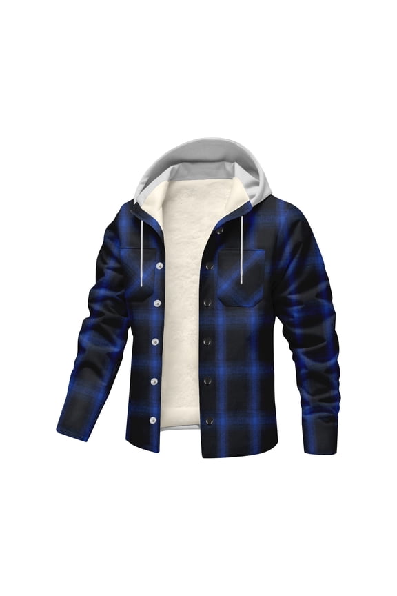 Men's Long Sleeve Quilted Lined Flannel Shirt Plaid Button Hoodies 2025 Big and Tall Fall Jacket with Pocket Plus Size Long Sleeve Outfit,Blue 2XL