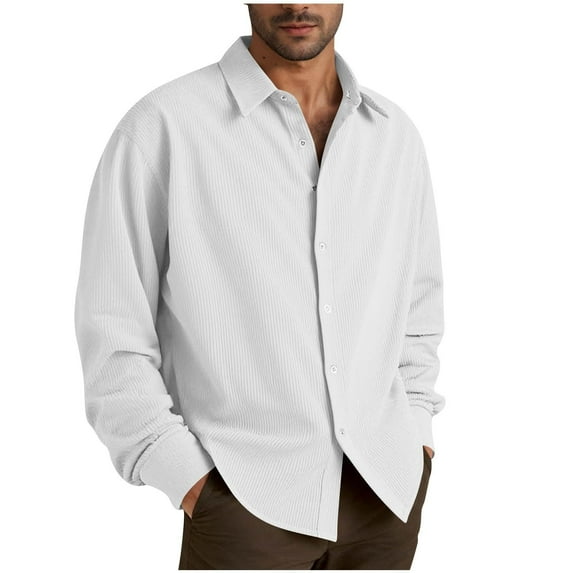 Xyxonk Men's Roll Up Long Sleeve Shirt Casual Button Down Collar T-Shirt Corduroy Fall Winter Collar Long Sleeve Henly Shirts Big and Tall Solid Color Shirts White M
