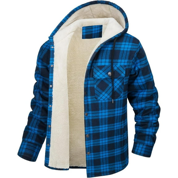 Xyxonk Men's Sherpa Fleece Lined Hoodie Jacket,Button Hooded Fall Winter Plaid Sweatshirt Jackets with Pockets,Royal Blue XL