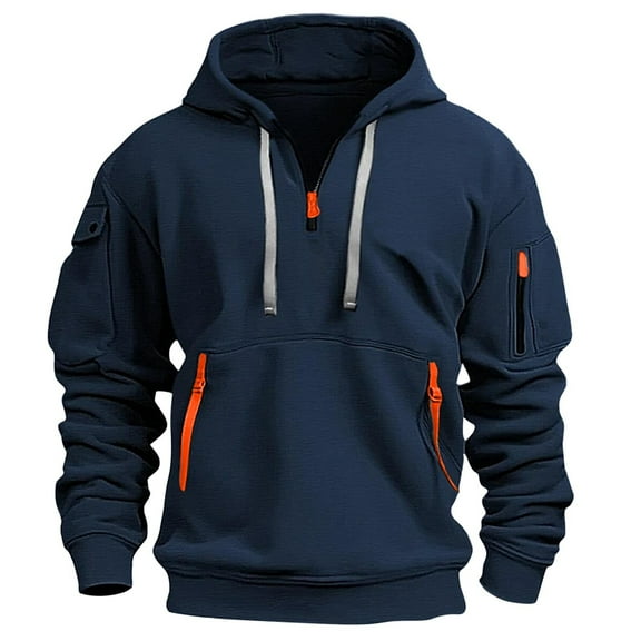 Xyxonk Mens 1/4 Zip Hoodie Big and Tall Half Zip Hoodies with Pockets Trendy Multiple Zippers Basic Sweatshirt Military Warm Drawstring 4X-5X Top,Navy 3XL