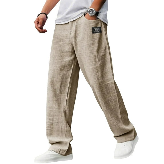 Xyxonk Mens Casual Linen Pants 2025 Fall Winter Baggy Pants Elastic Waist Drawstring Trousers with Deep Pockets Relaxed Stretch Pjs Pants, Beige 5XL