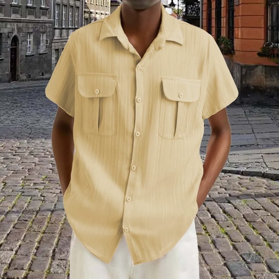Xyxonk Mens Casual Shirts Button Down Solid Color Shirt Spring Summer Short Sleeve Collared Vacation Shirts with Pocket Khaki XL