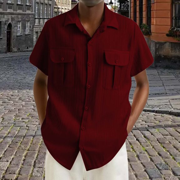 Xyxonk Mens Casual Shirts Button Down Solid Color Shirt Summer Workout Short Sleeve Collared Beach Tops with Pocket Wine 2XL